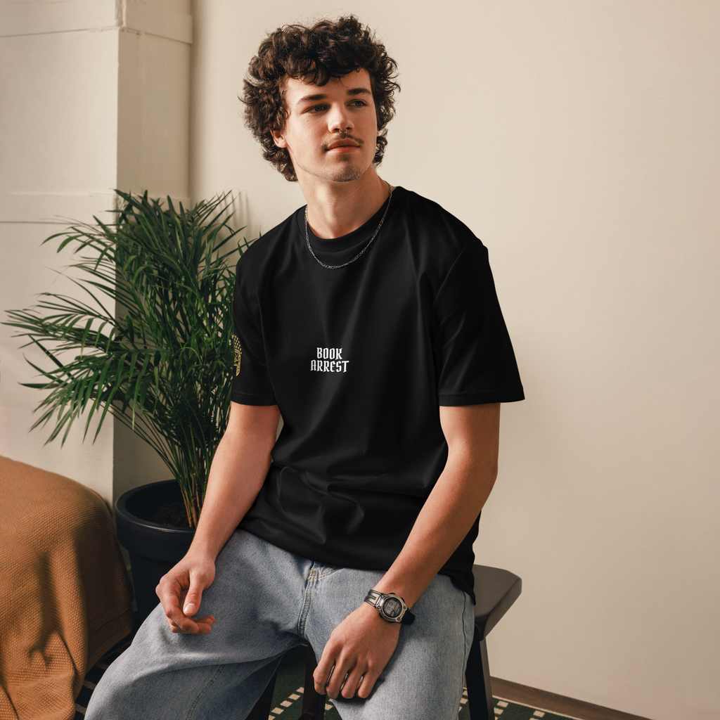 Unisex Bookarrest logo on shoulder T-shirt black